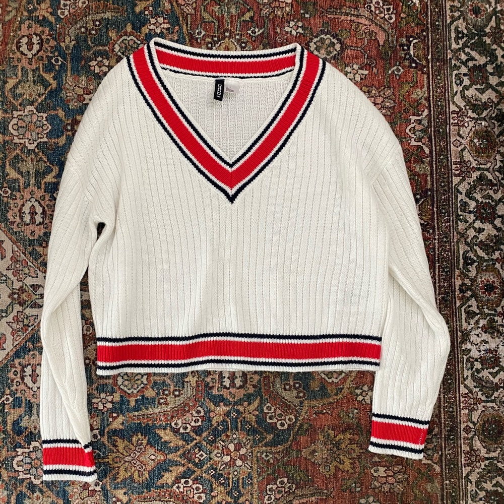 White cropped v neck sweater